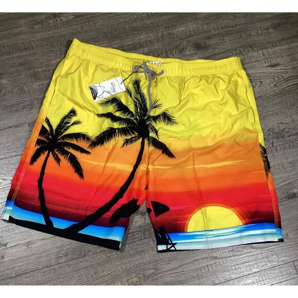 Aptro Mens Sunset & Palm Tree Orange Swim Trunks Size 3XL Elastic waistband NEW - Picture 2 of 9